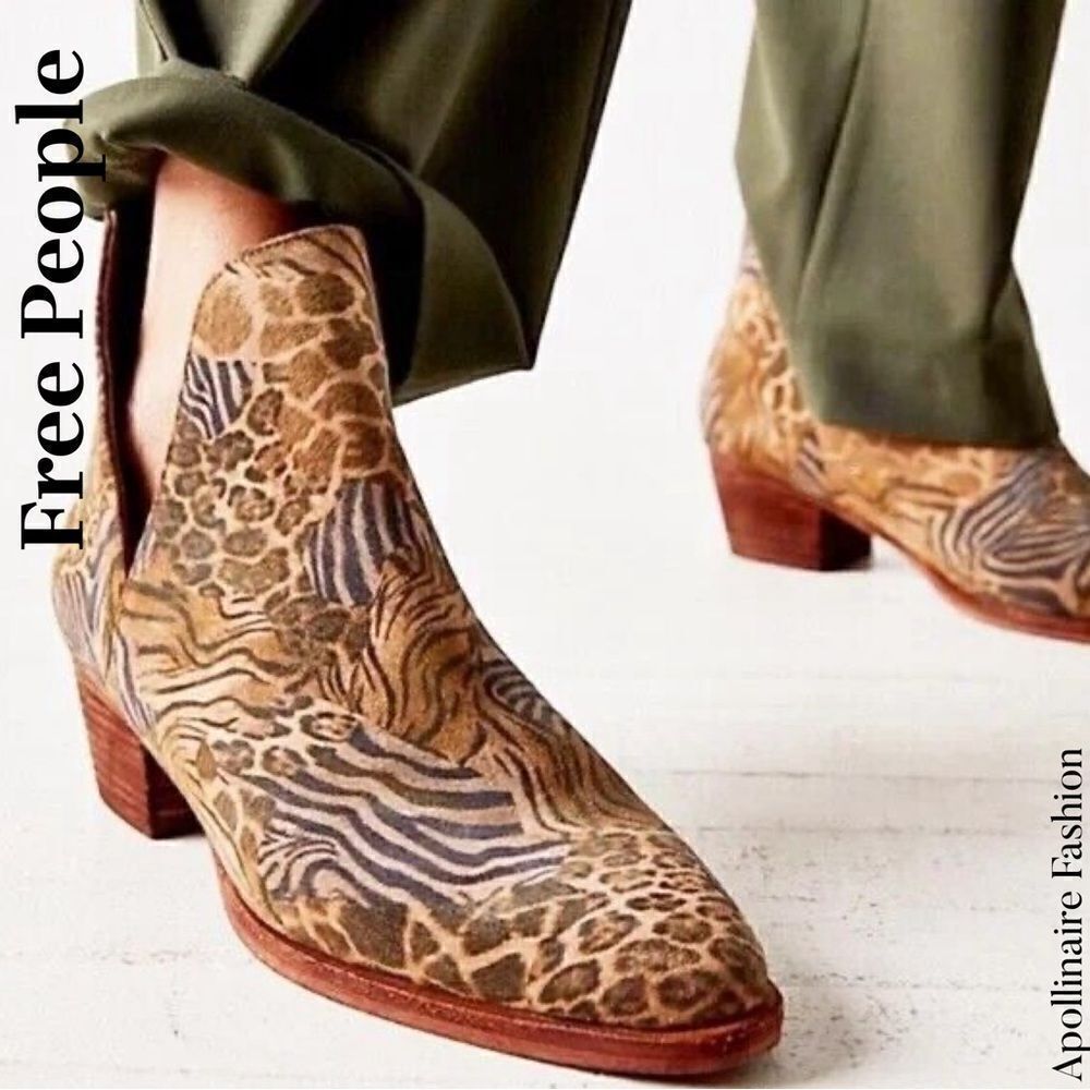 FREE PEOPLE ANIMAL PRINT DOUBLE V ANKLE BOOTS SIZE 38 NEW